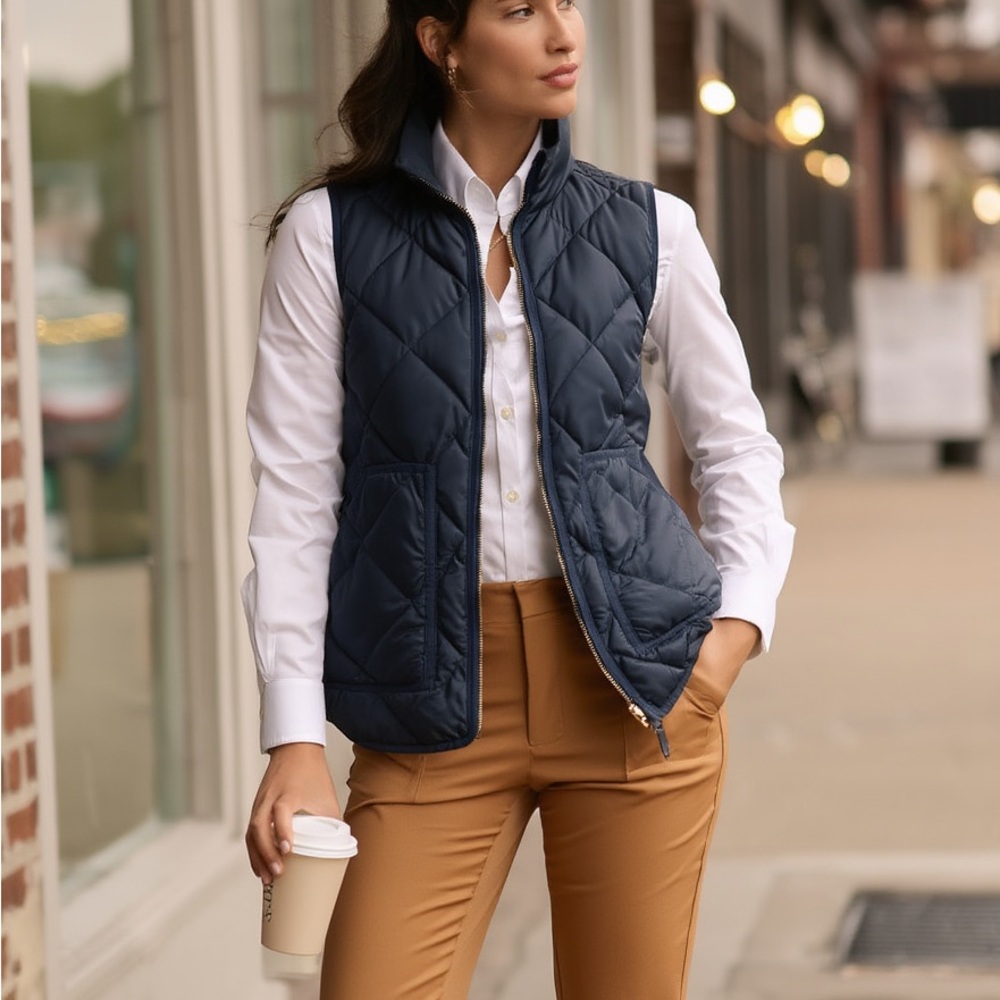 J. CREW Excursion Navy Quilted Down Puffer Vest w/ Gold Zipper